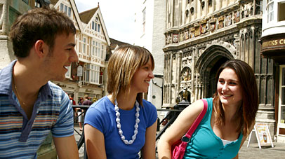 Students outside the entrance to Canterbury Cathedral