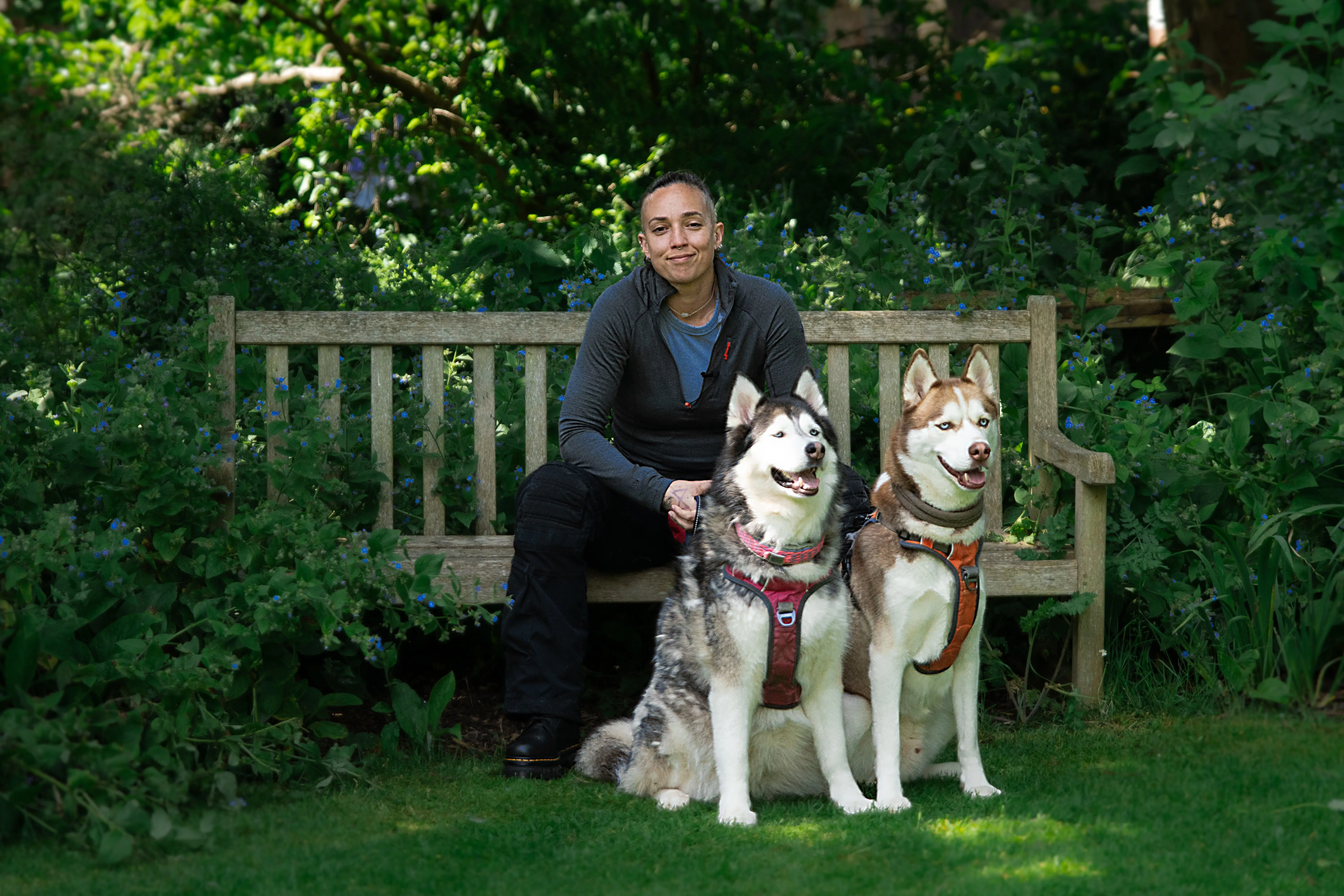 Advisor sat on bench outdoors with two dogs