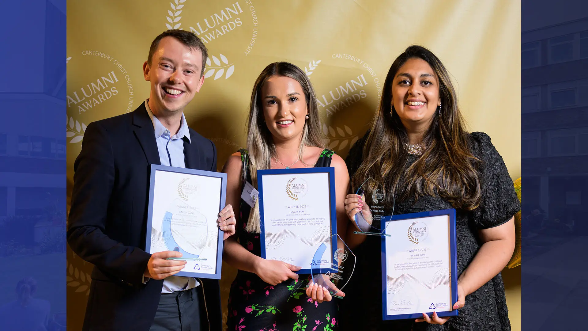 Alumni award winners Walker Darke, Megan Ryan and Nirja Joshi 