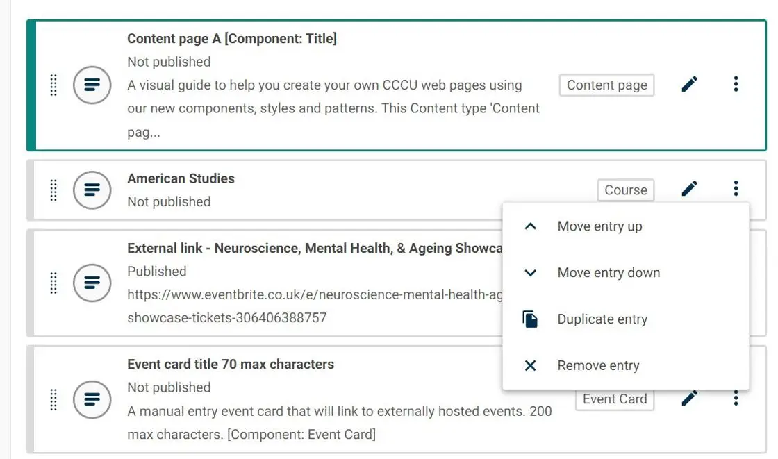 The edit options in a card row