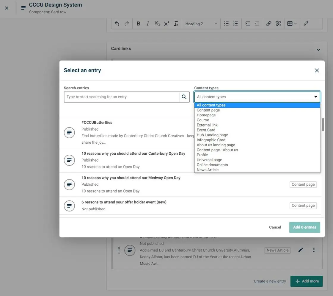 Card row content type options