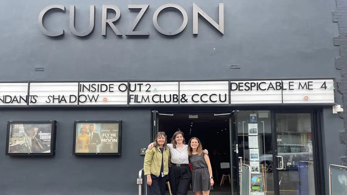 Senior Lecturer in Film Jane Milton,  Emily Morgan Curzon Canterbury Westgate Manager and Dr Susan Civale standing standing outside the cinema