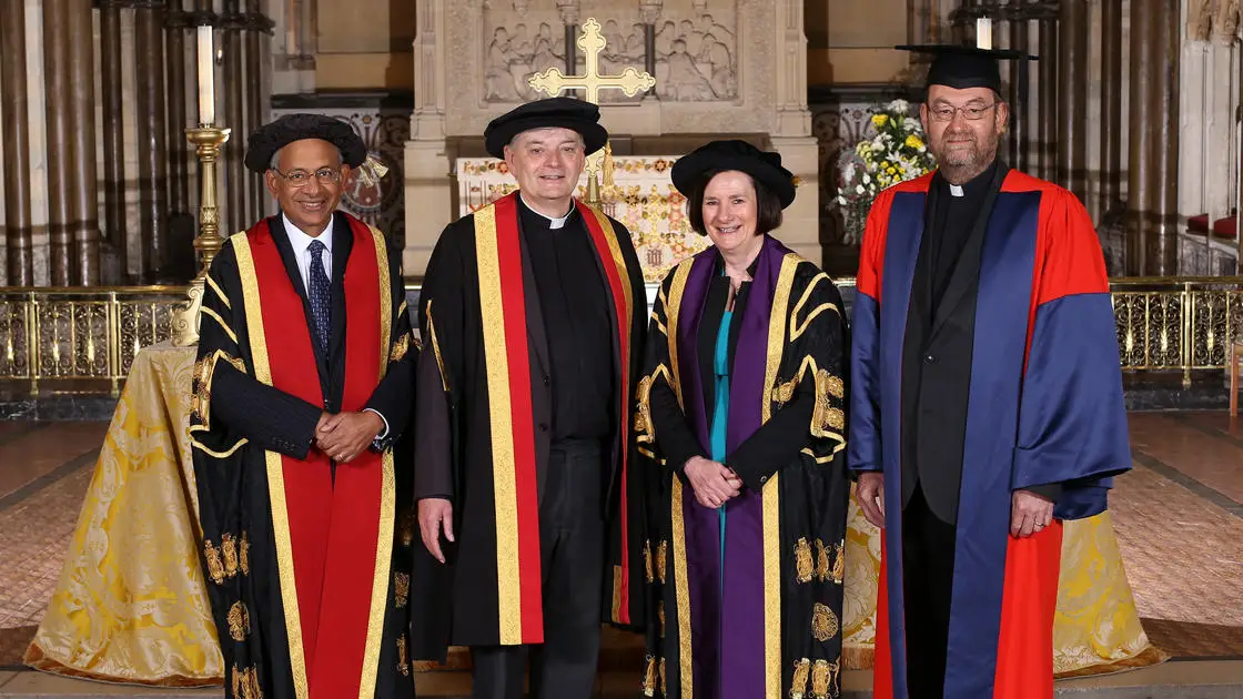 LtoR: Professor Rama Thirunamachandran (Vice-Chancellor), The Very Reverend Dr Philp Hesketh (Dean of Rochester),  Judith Armitt (Pro-Chancellor and Chair of the Governing Body) and Reverend Dr Jeremy Law (Dean of Chapel).