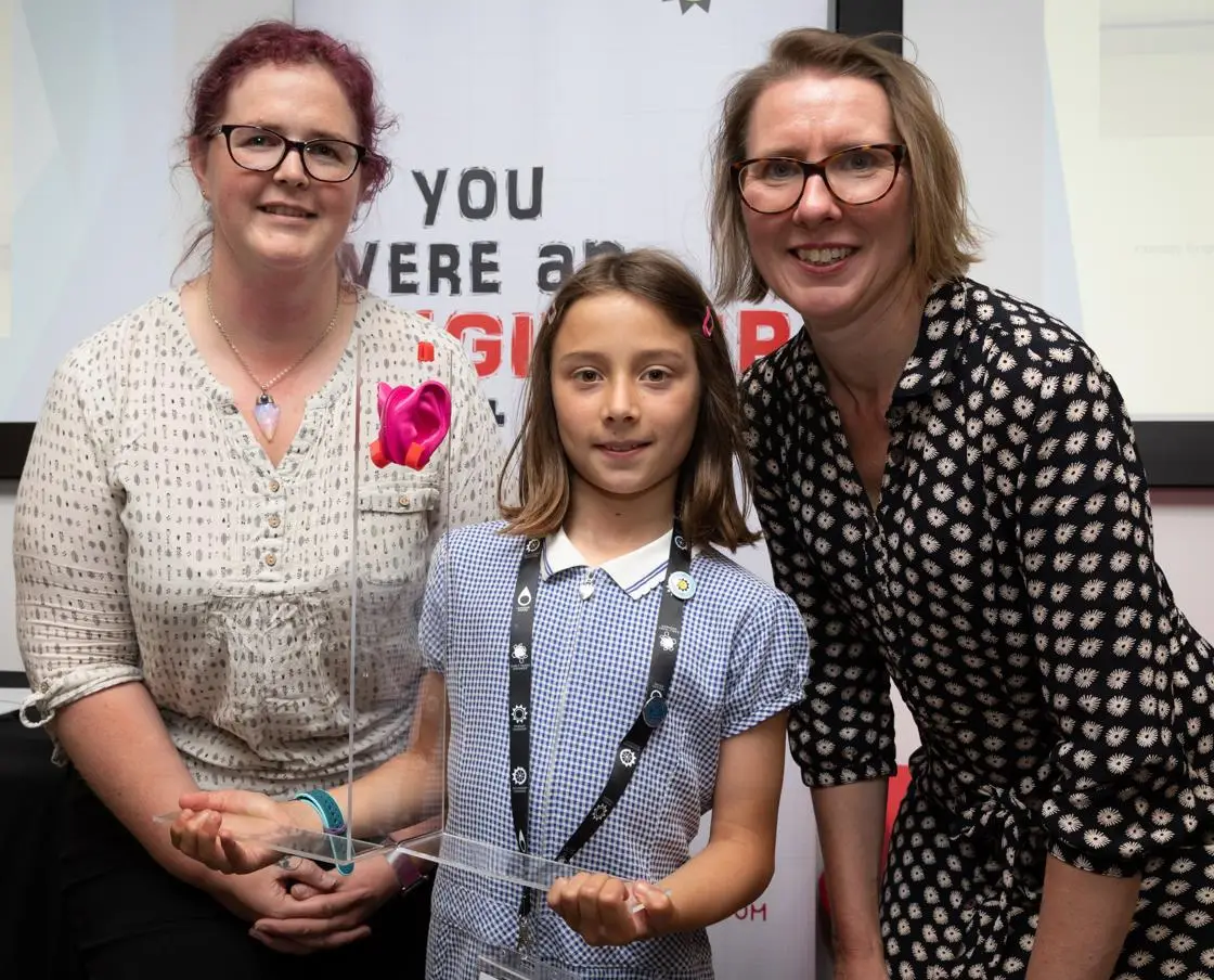Alice with the prototype of winning design for a reusable earing cover with Breeshea Robinson,  Senior Specialist Technician and Dr Anne Nortcliffe.