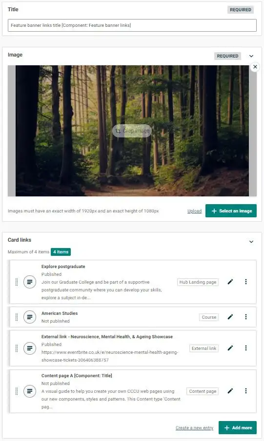 A feature banner links component in the backend of Contentsis.
