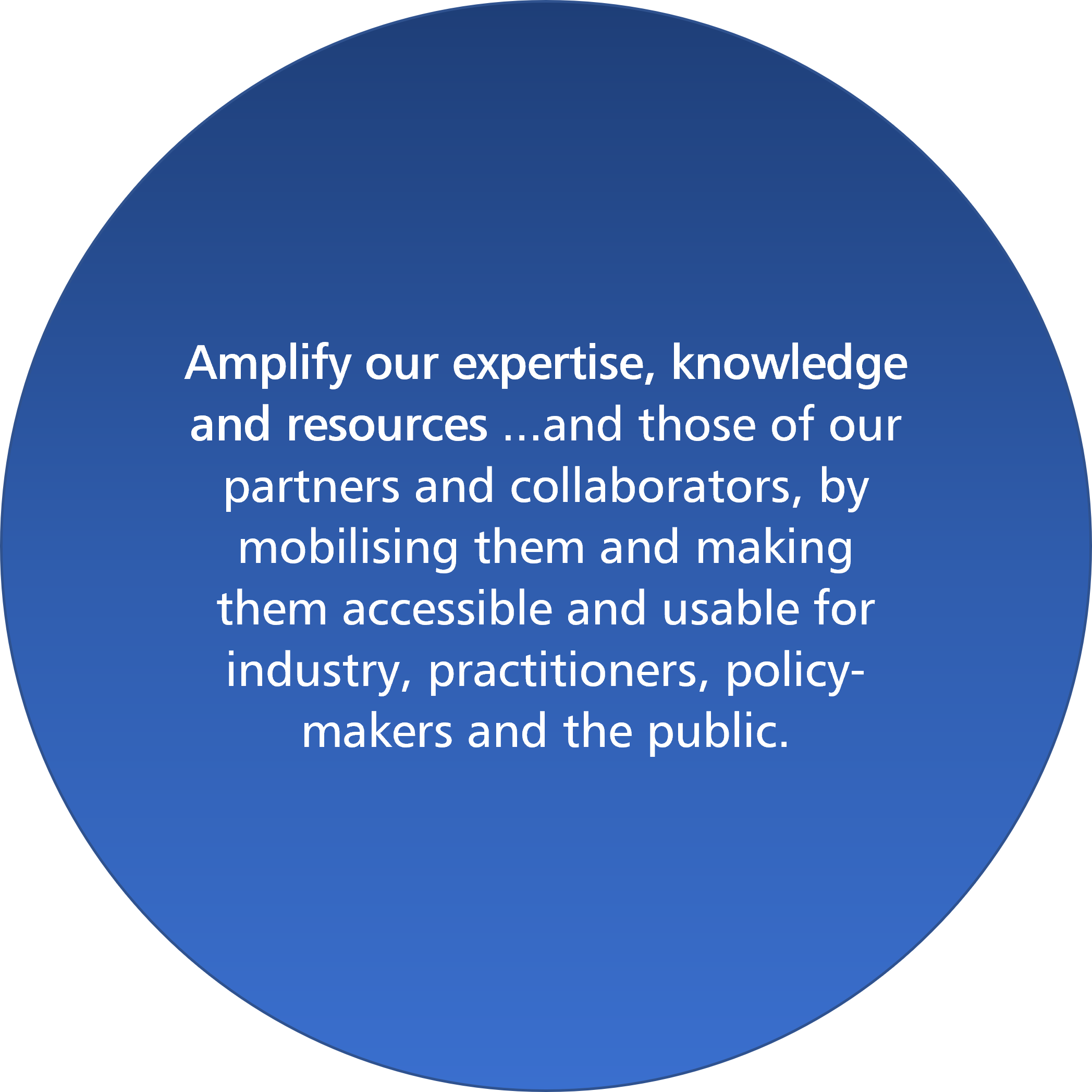 Amplify our expertise, knowledge and resources ...and those of our partners and collaborators, by mobilising them and making them accessible and usable for industry, practitioners, policy-makers and the public. 