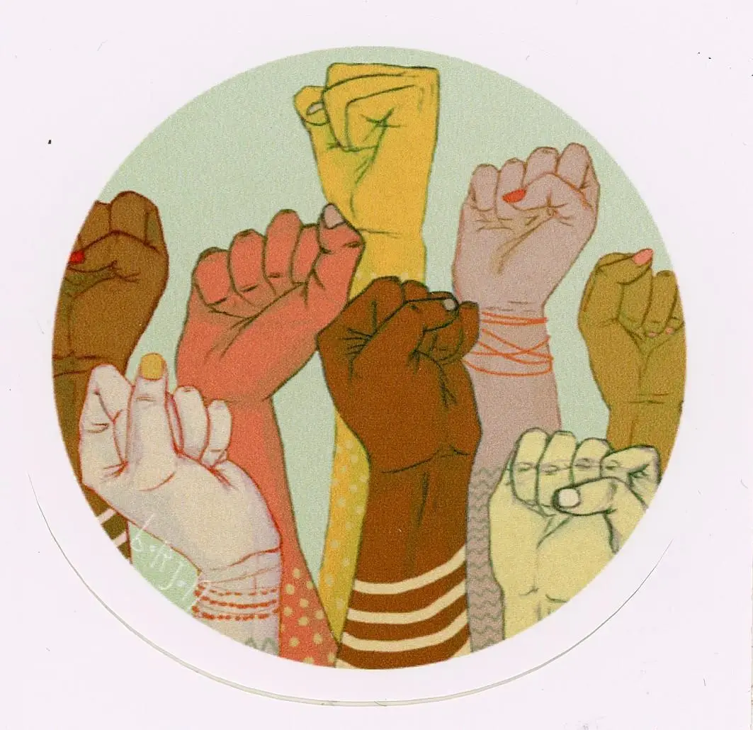 Colorful drawing of many fists raised in solidarity representing different ethnic and racial backgrounds.