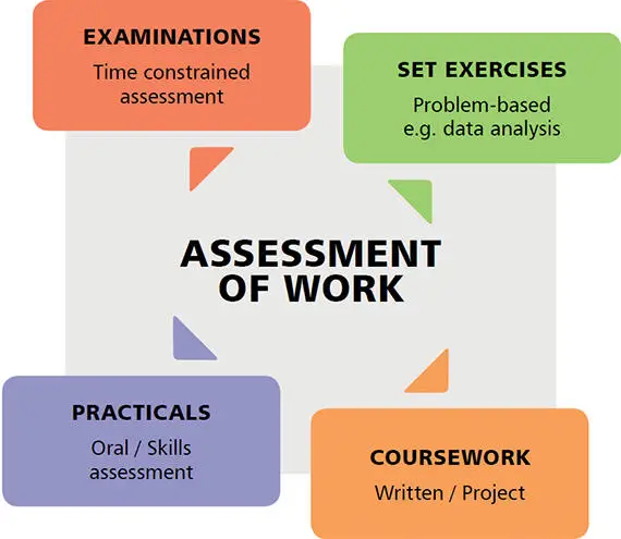 The four main ways your work is assessed are exams, set exercises, coursework and practials