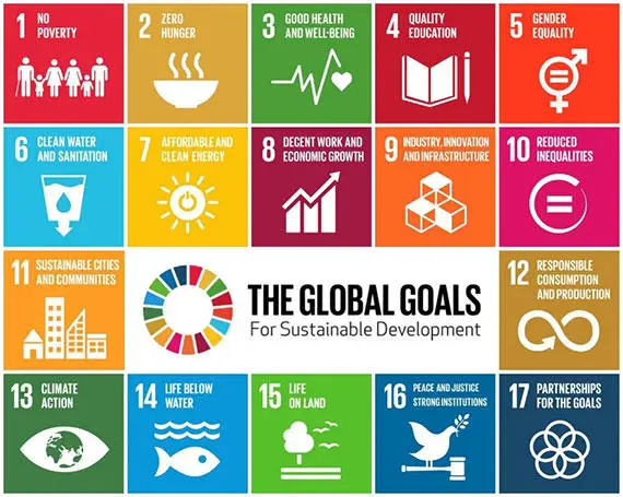 grid depicting the 17 square identifiers for the United Nationals SDGs 