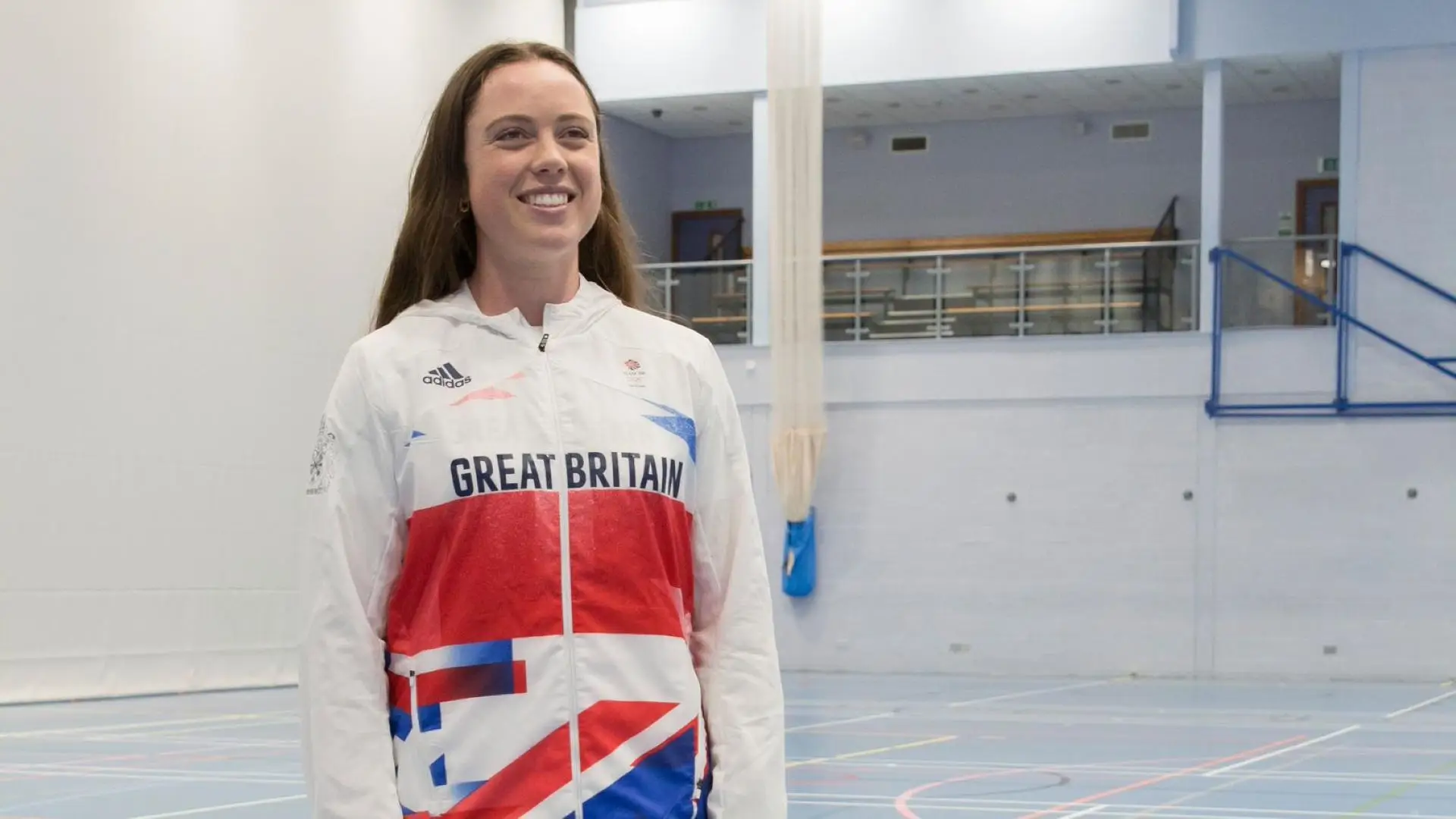 Olympian Grace Balsdon in her GB kit in the sports hall