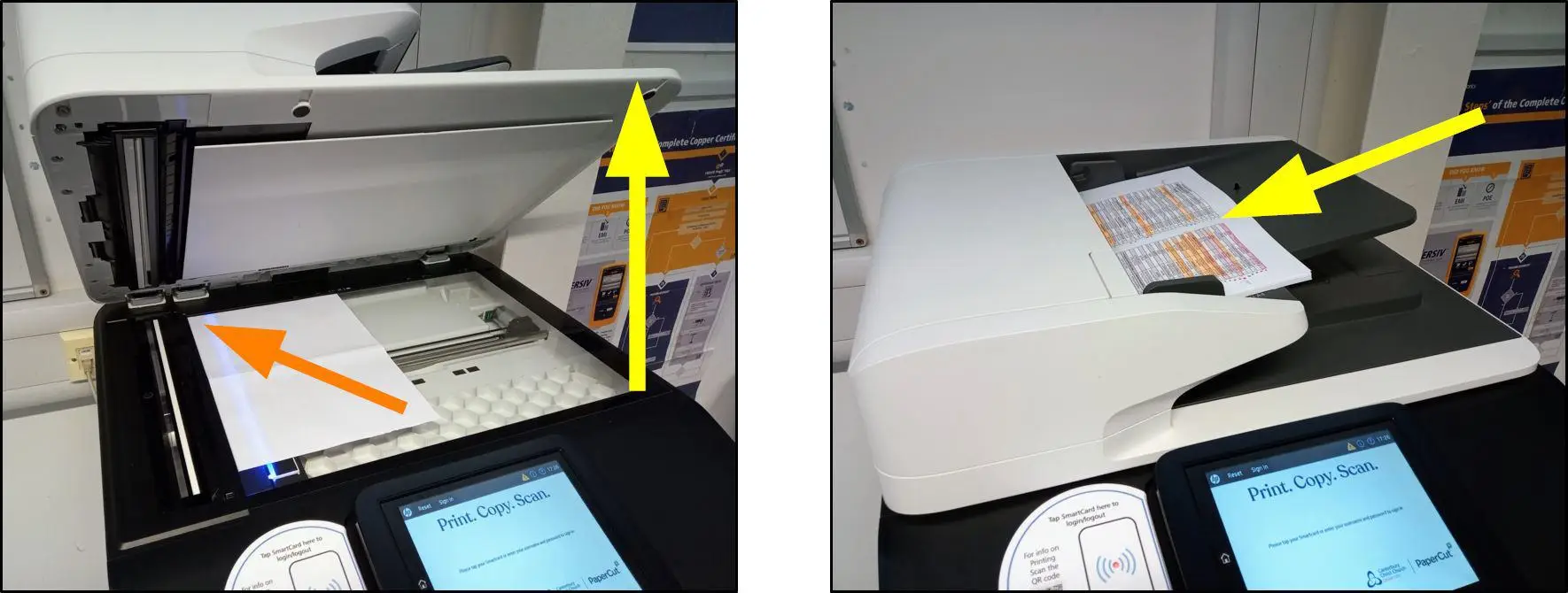 Left image. The MFD with the scanning bed open. Right image. Some documents in the MFD top loader.