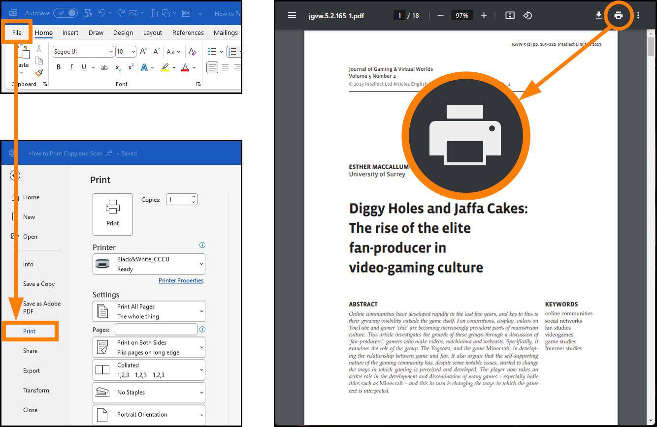 Screenshots of printing buttons in Microsoft Word and an online PDF.