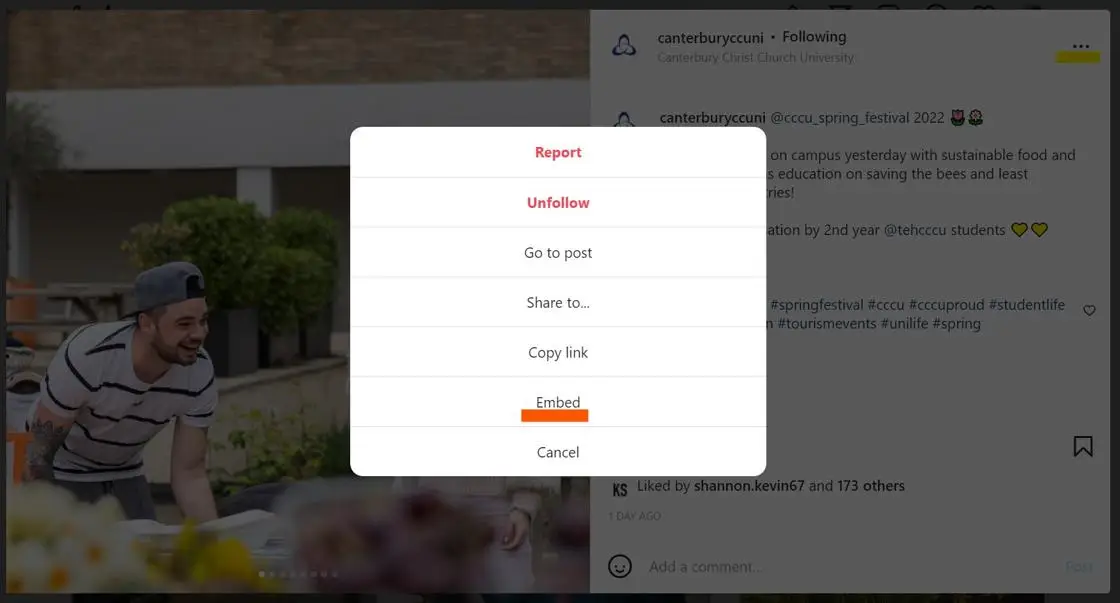 Embed menu on an Instagram post