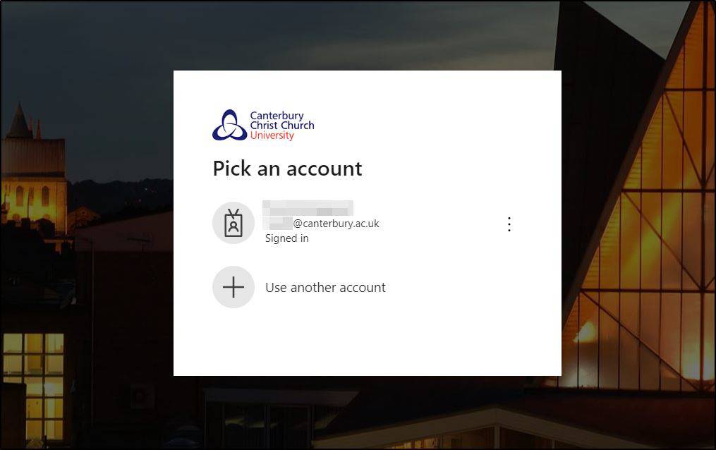 A screenshot of the University sign in page, with an account selected.