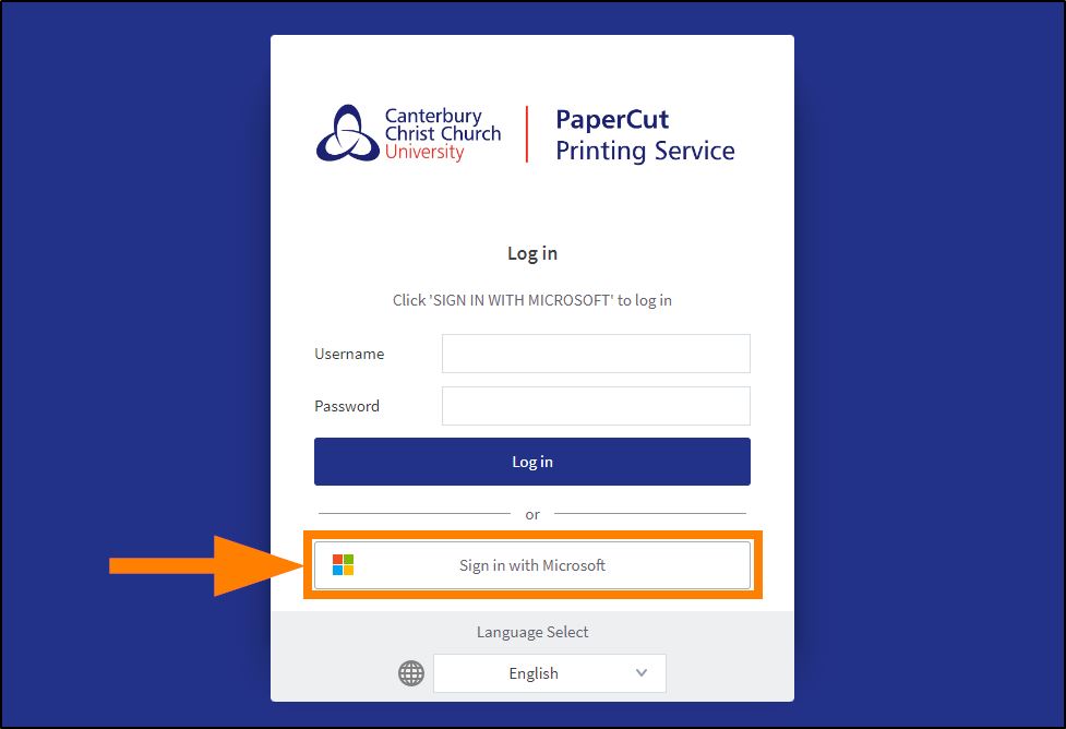A screenshot of the PaperCut portal, with the 'Sign in with Microsoft' button highlighted.