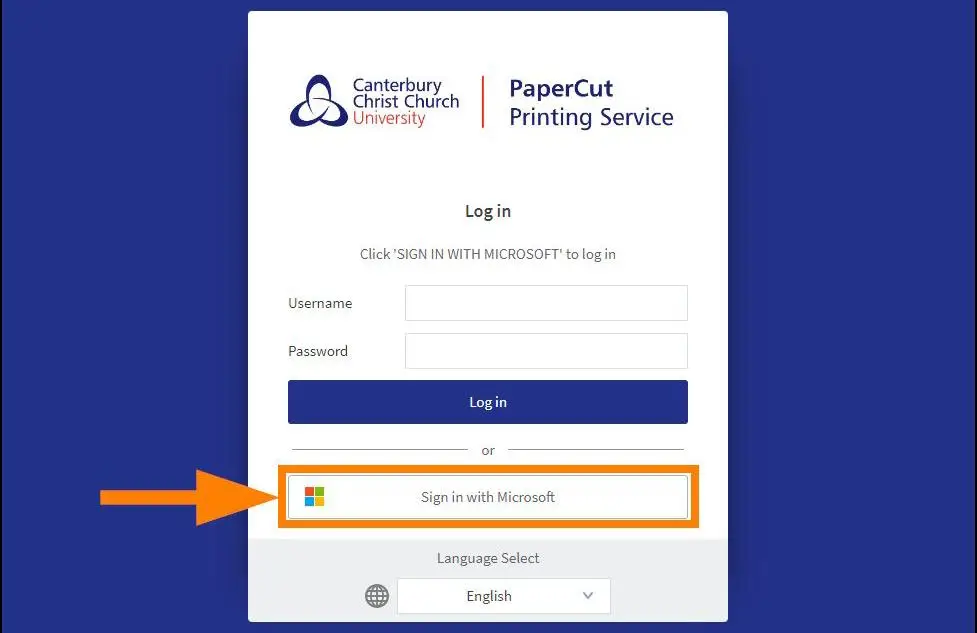 A screenshot of the PaperCut portal, with the 'Sign in with Microsoft' button highlighted.