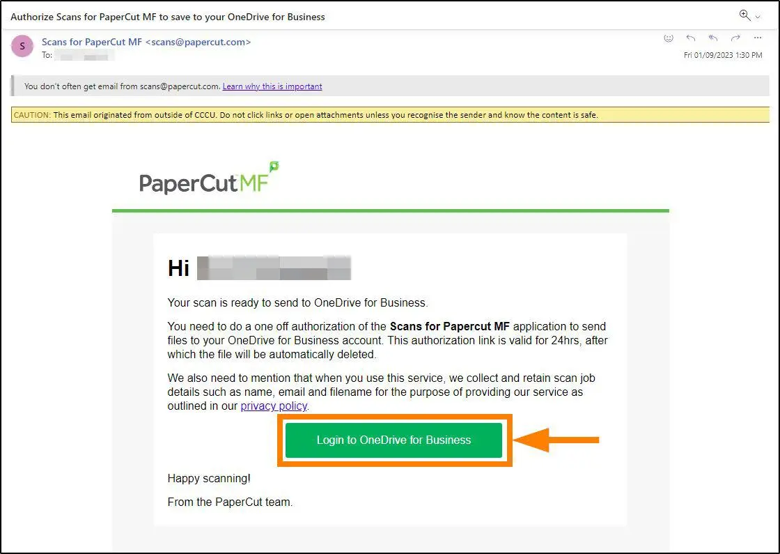 An authorization email from PaperCut.