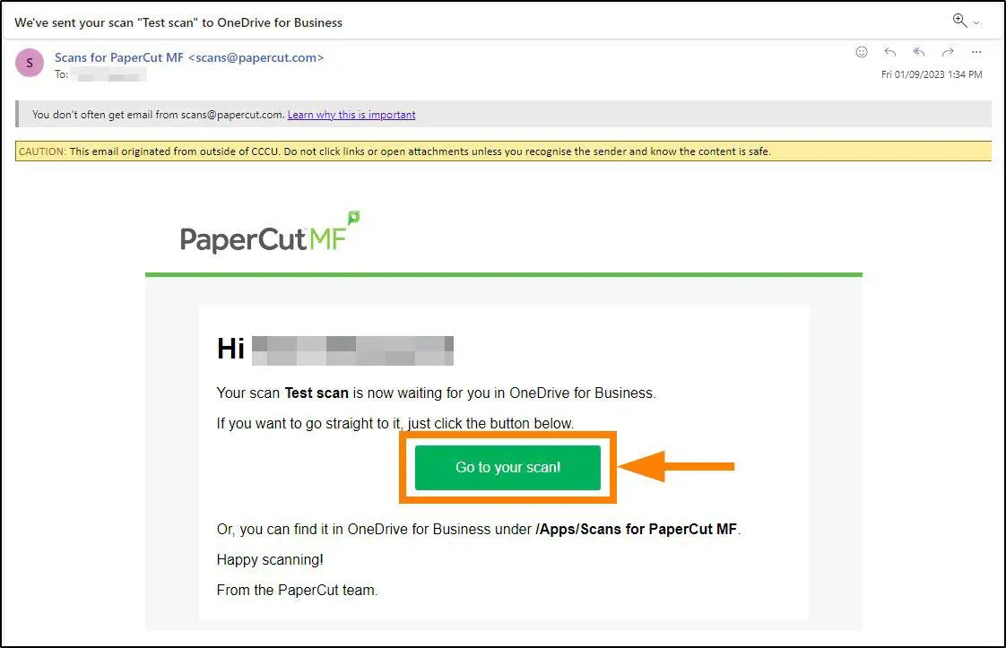 An notification email from PaperCut, with the 'Go to your scan!' button highlighted.