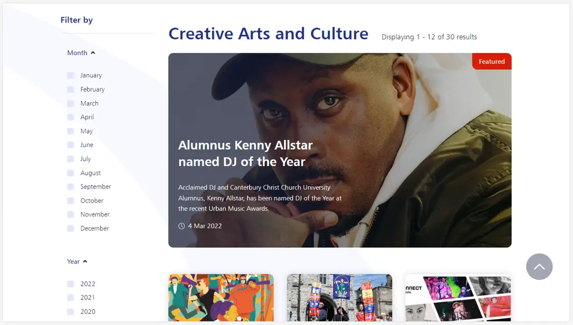 Screenshot of a feature story on the Creative Arts and Culture category listing page