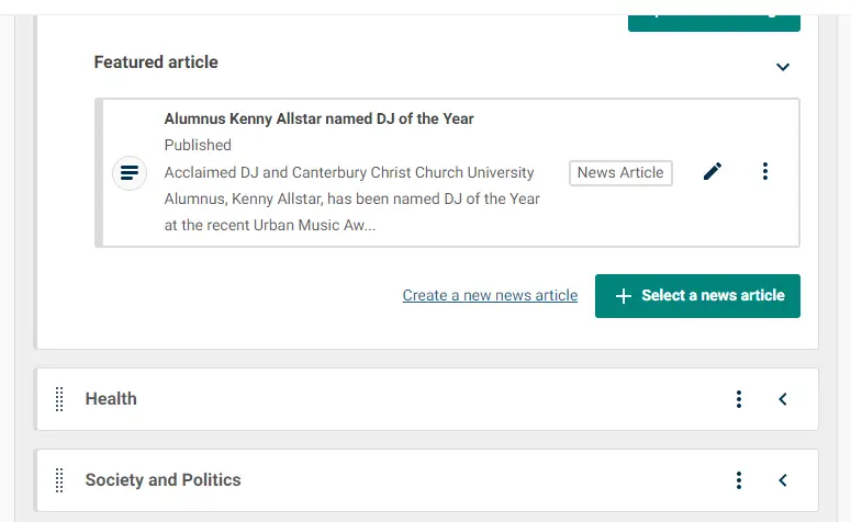 Screenshot of Featured article section in the Category listing content type