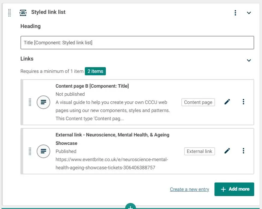 A styled link list in contensis