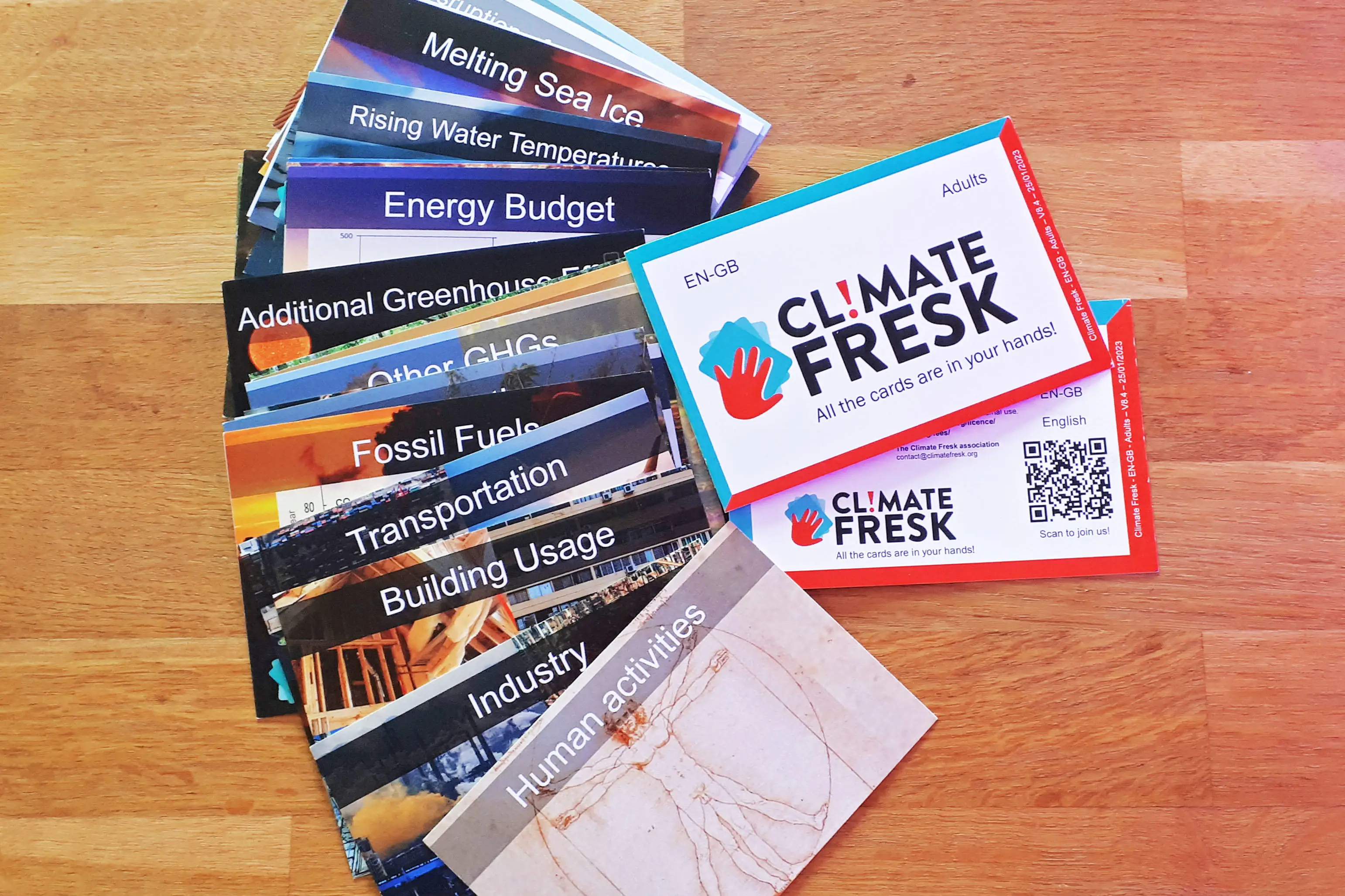 Climate Fresk cards arrayed in a fan with various climate cause or effect headings