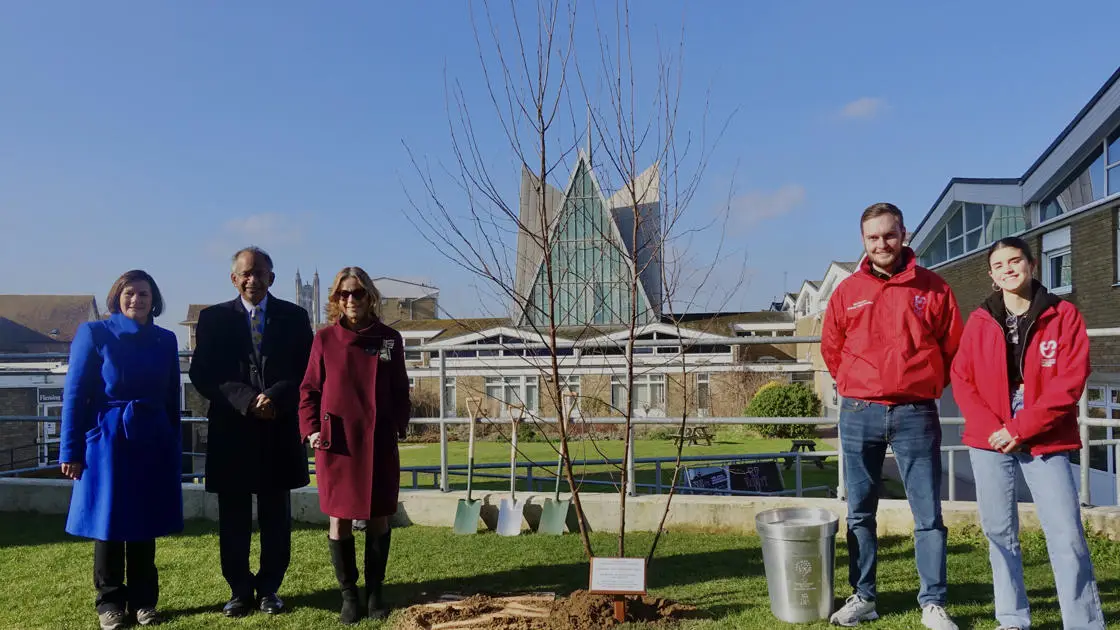 Standing beside the planted tree are Judith Armitt (Pro-Chancellor and Chair of the Governing Body), Professor Rama Thirunamachandran (Vice-Chancellor), His Majesty’s Lord-Lieutenant of Kent, The Lady Colgrain, Dan Bichener (Students' Union President) and Inés Abella Romero (President Community, Diversity and Inclusion)