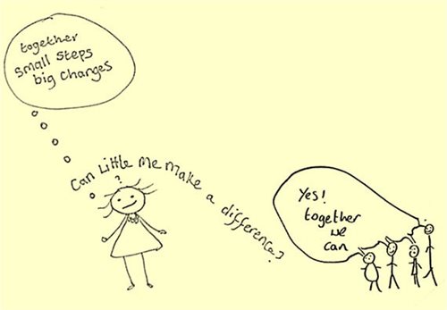 Sketch.  Person asks "can little me make a difference?"  Nearby group reply "Yes! Together we can!"